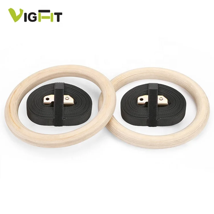 Cross fit strength pull up wooden gymnastic rings with Nylon straps