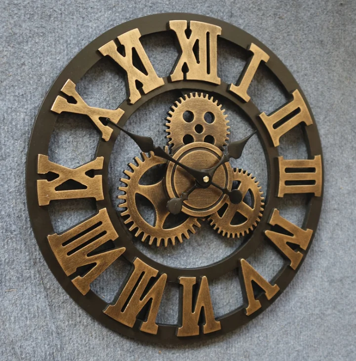Amazon hot style european-style 3D retro old gear wall clock creative  iron silent wooden wall clock