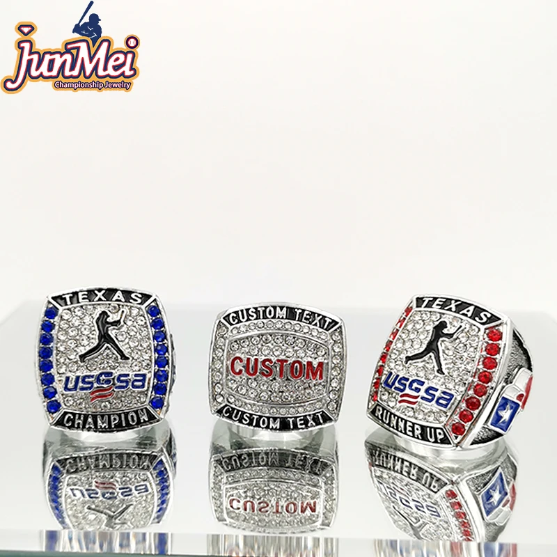 high quality cheap custom your own logo and text usssa texas state softball champion and runner up championship rings for youth
