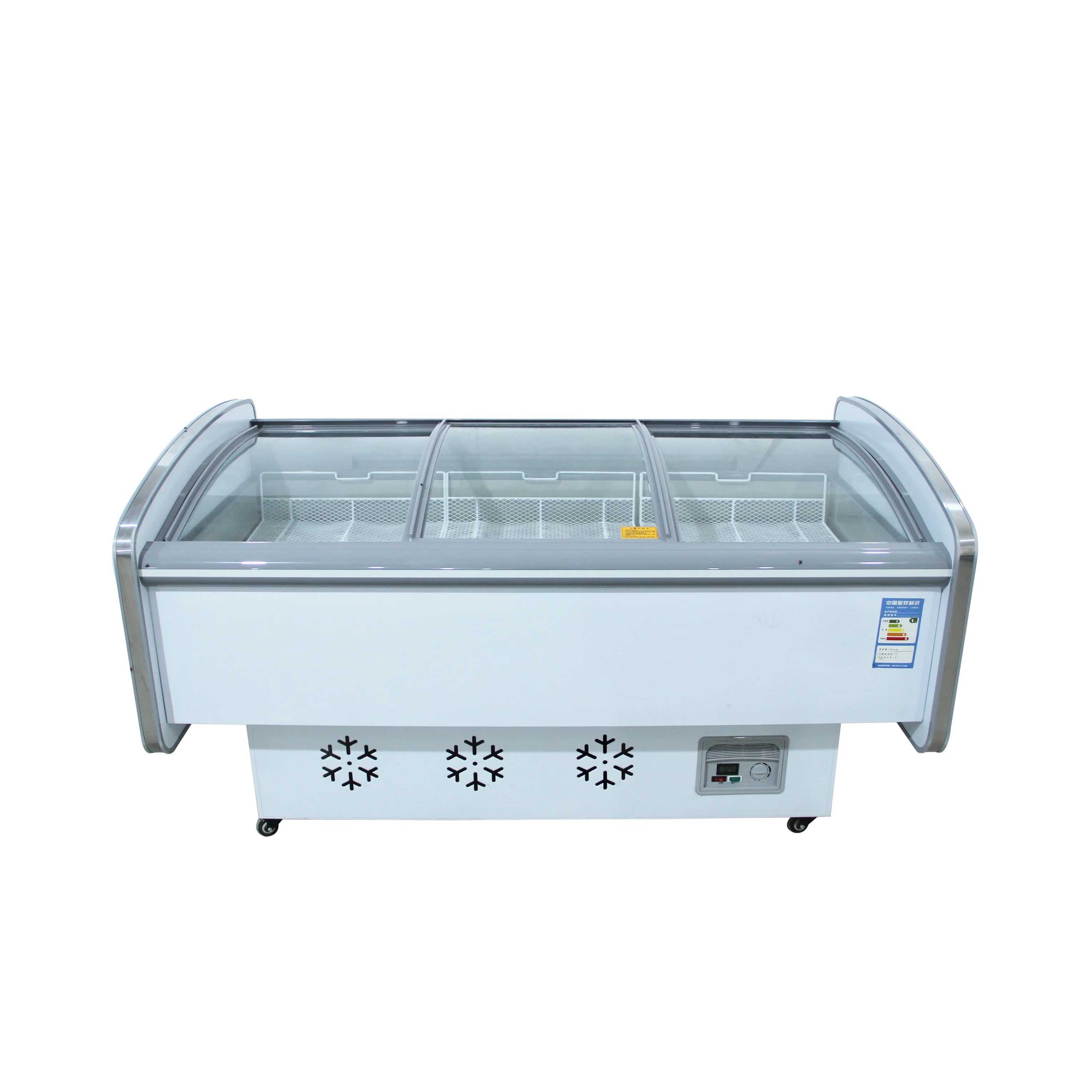 custom Curved side dish island horizontal commercial refrigerated display cabinet supermarket barbecue chest freezer