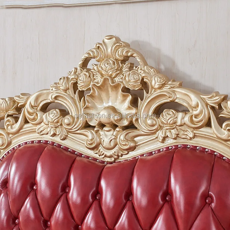 OE-FASHIONLuxury European leather with carved wood double bed villa American red champagne gold bed