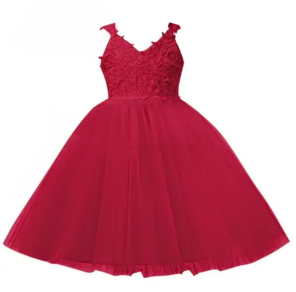 Wholesale lovely pink flower girl dress sleeveless bowknot dress and appliqued lace princess dress