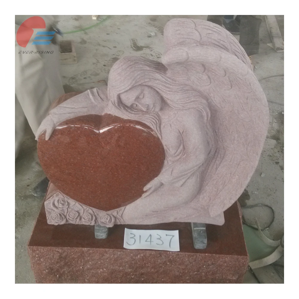 Indian Red Granite Headstone And Monument,Angel Heart Shape Cemetery Headstone