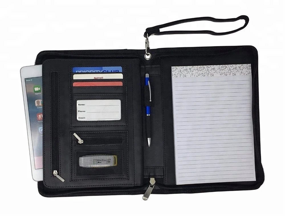Professional Black PU Leather Portfolio Binder Organizer Zippered Portfolio Folder