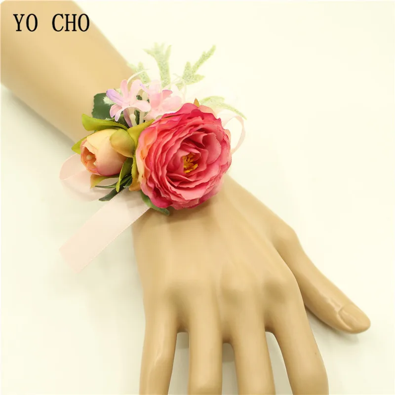 YO CHO silk pink leaf succulent Prom wedding Quinceanera Groom bridal bridesmaid handmade artificial silk bridal wrist