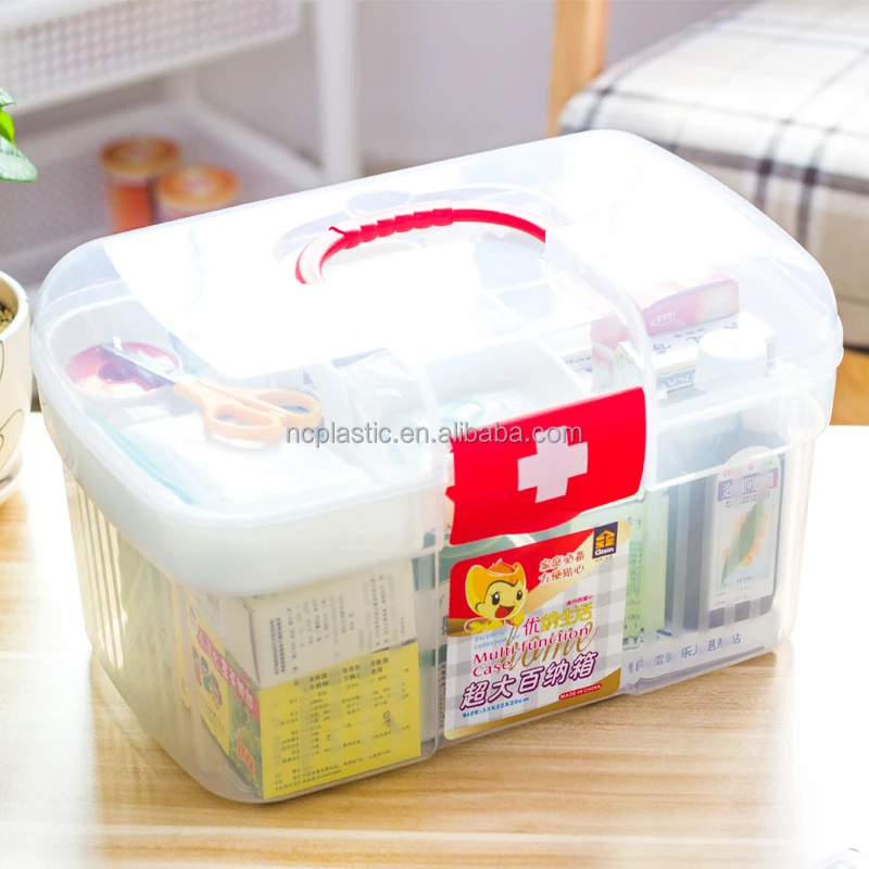 Family Multilayer White Cross Plastic medical storage box with Detachable Tray