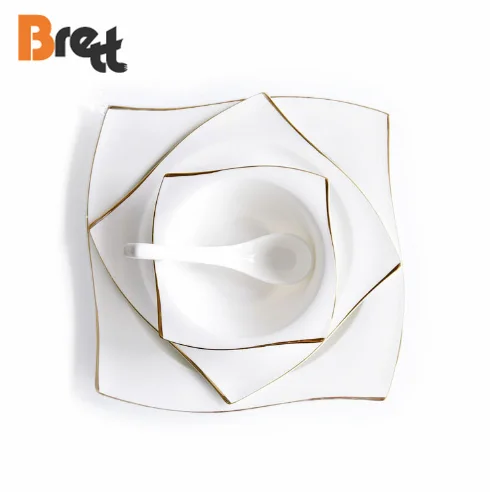 Brett  Square Gold Rim Porcelain Dish Plate Wholesale Bulk High Standard Bone China Plate  Dinnerware For Restaurant