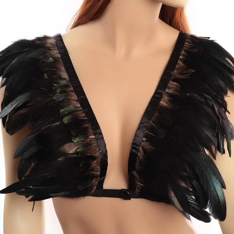 Women Feathers Harness Bra Epaulette Shoulder Wing Strappy Elastic Adjust Crop Tops Punk Festival Burning Man Rave Costumes
