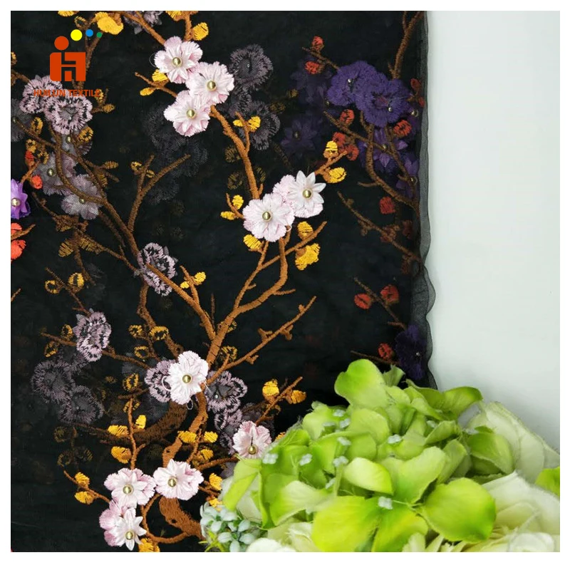 HLS163# high end fashion design printed organza fabric 3D flower applique embroidery