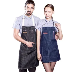 high quality bbq denim barber chef apron with genuine leather Straps