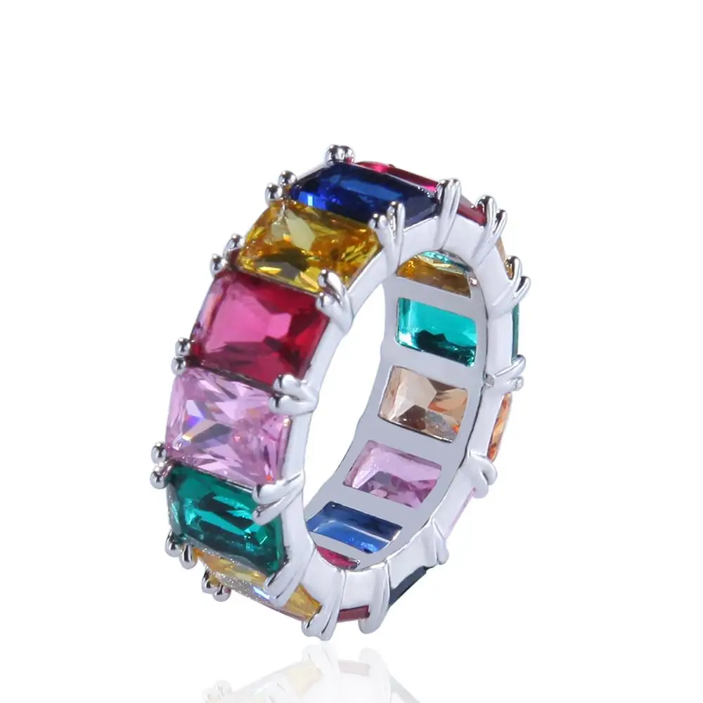 High Quality CZ Rainbow Baguette Ring Zirconia Diamond Ring Gold Plated Women Men Rappers Jewelry