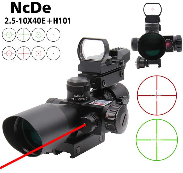 
NcDe 2.5-10x40 Tactical Rifle Scope Dual Illuminated Mil-dot W/ RED(GREEN) Sight, Rail Mount and 4 Reticle Red/Green Dot 