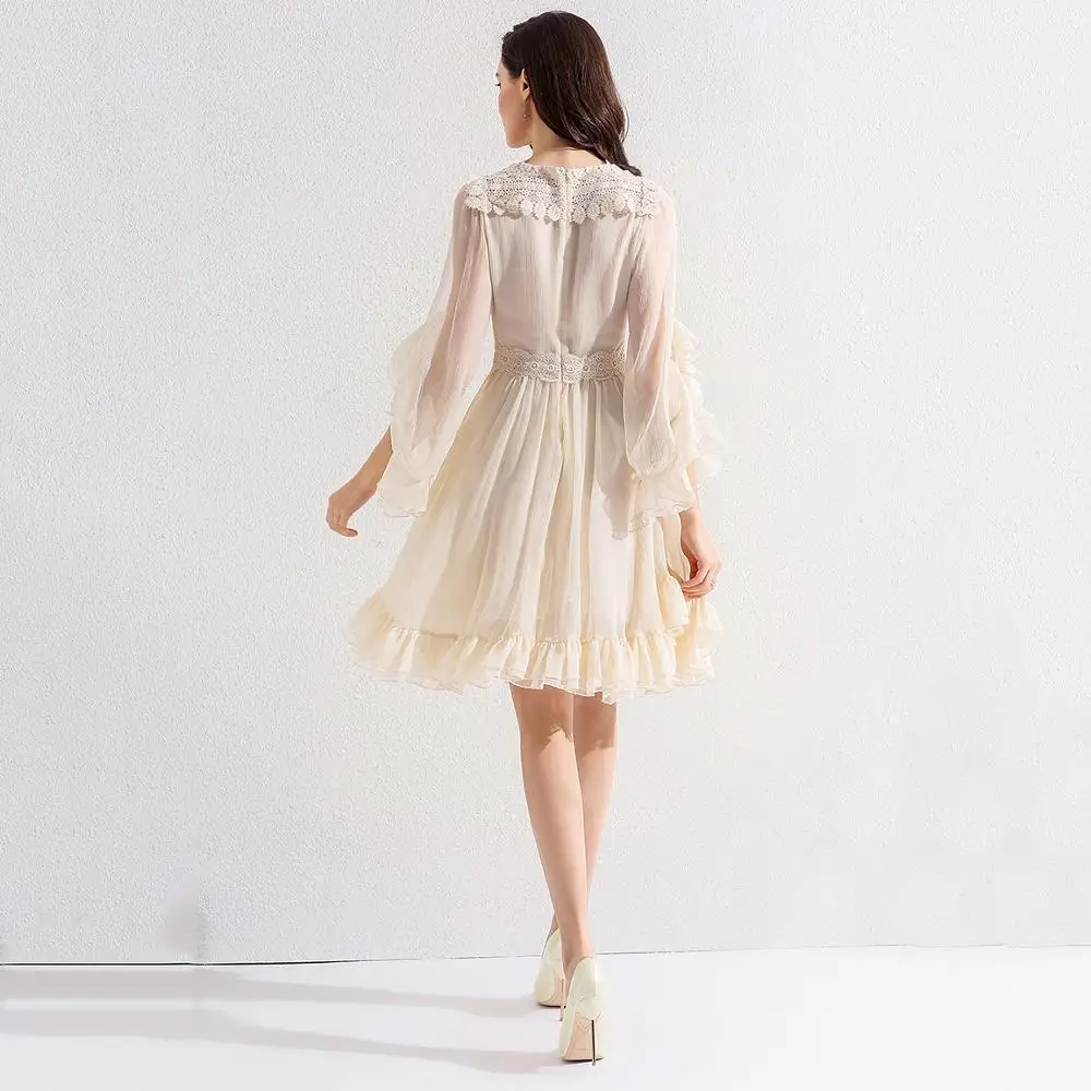 Women blue sleeve frills belted front tulip dress