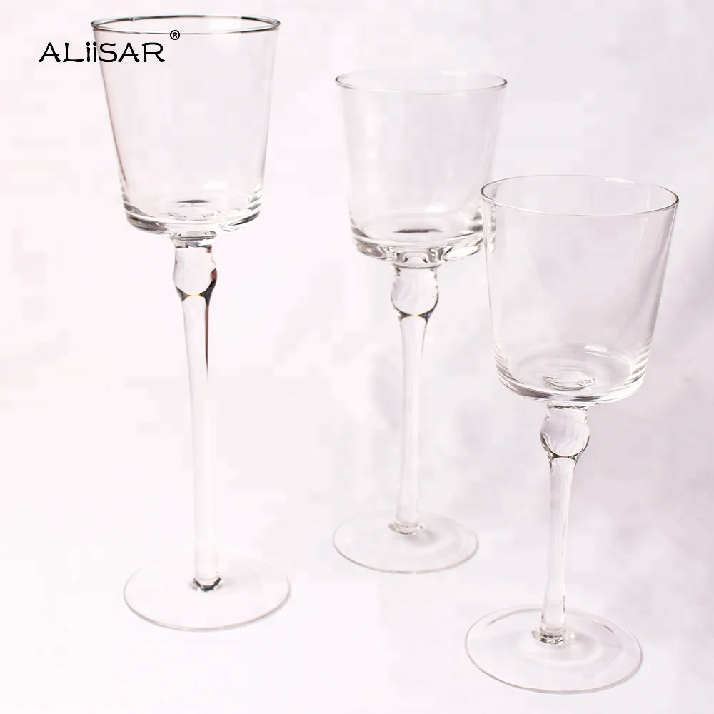 Оптовая продажа, ручной выдувной прозрачный высокий стеклянный подсвечник с длинным стержнем для украшения дома