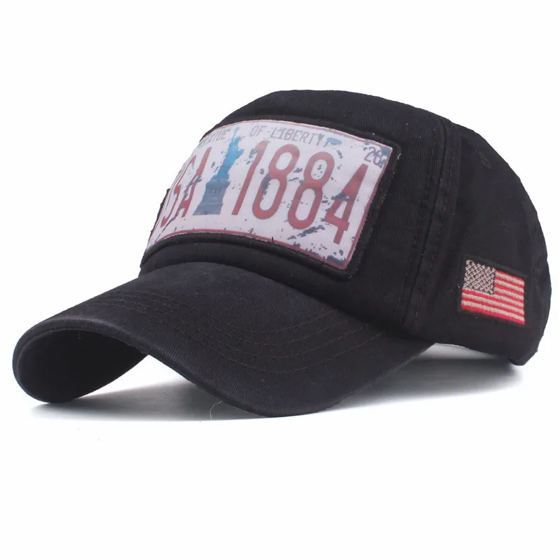 Vintage Hats Washed Distressed Cotton Dad Hat Baseball Cap Headwear gorras para hombre American Flag USA 1884 Hiphop Black