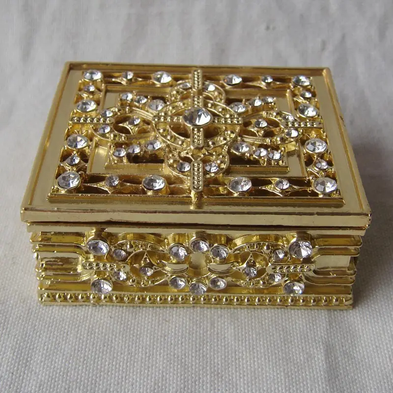 Shiny Silver Crystal Stones Inlaid Rectangle Metal Zinc Alloy Jewelry Trinket Box(#P05673t)