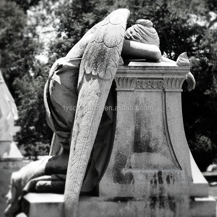 Western famous white marble life size weeping angel stone statue on cemetery