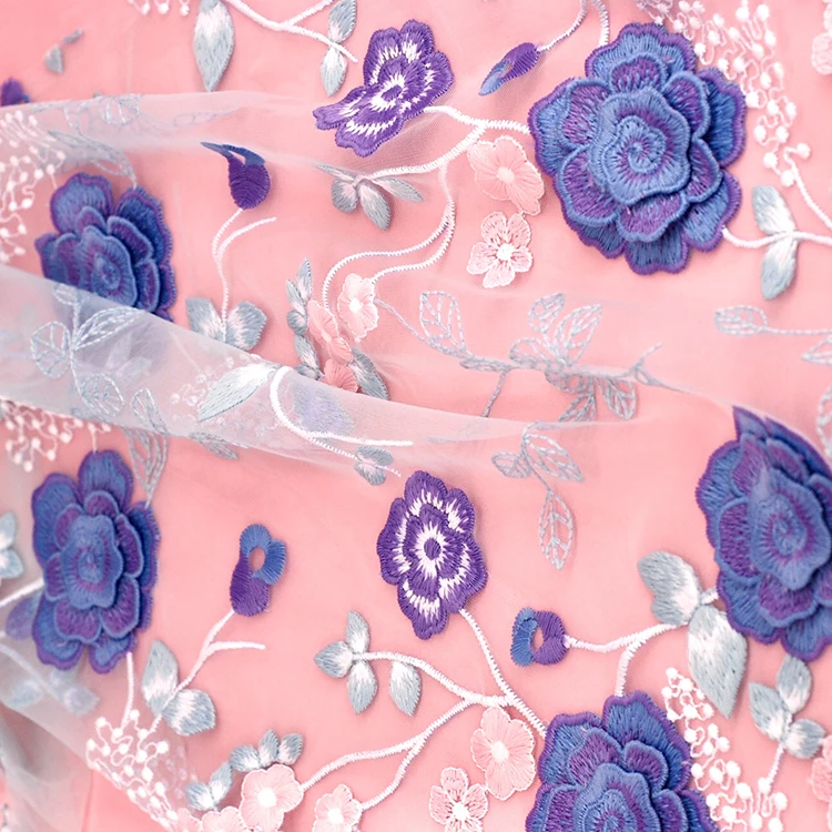 Сетчатая вышивка, Шелковый рулон, дешевая Тюлевая ткань с цветочной вышивкой для детского платья