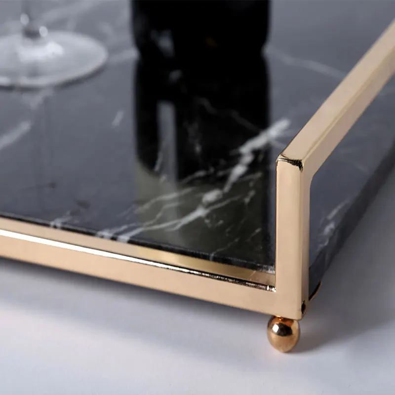 Chinoiseri marble tray gold handles tea food fruit wine glass serving tray