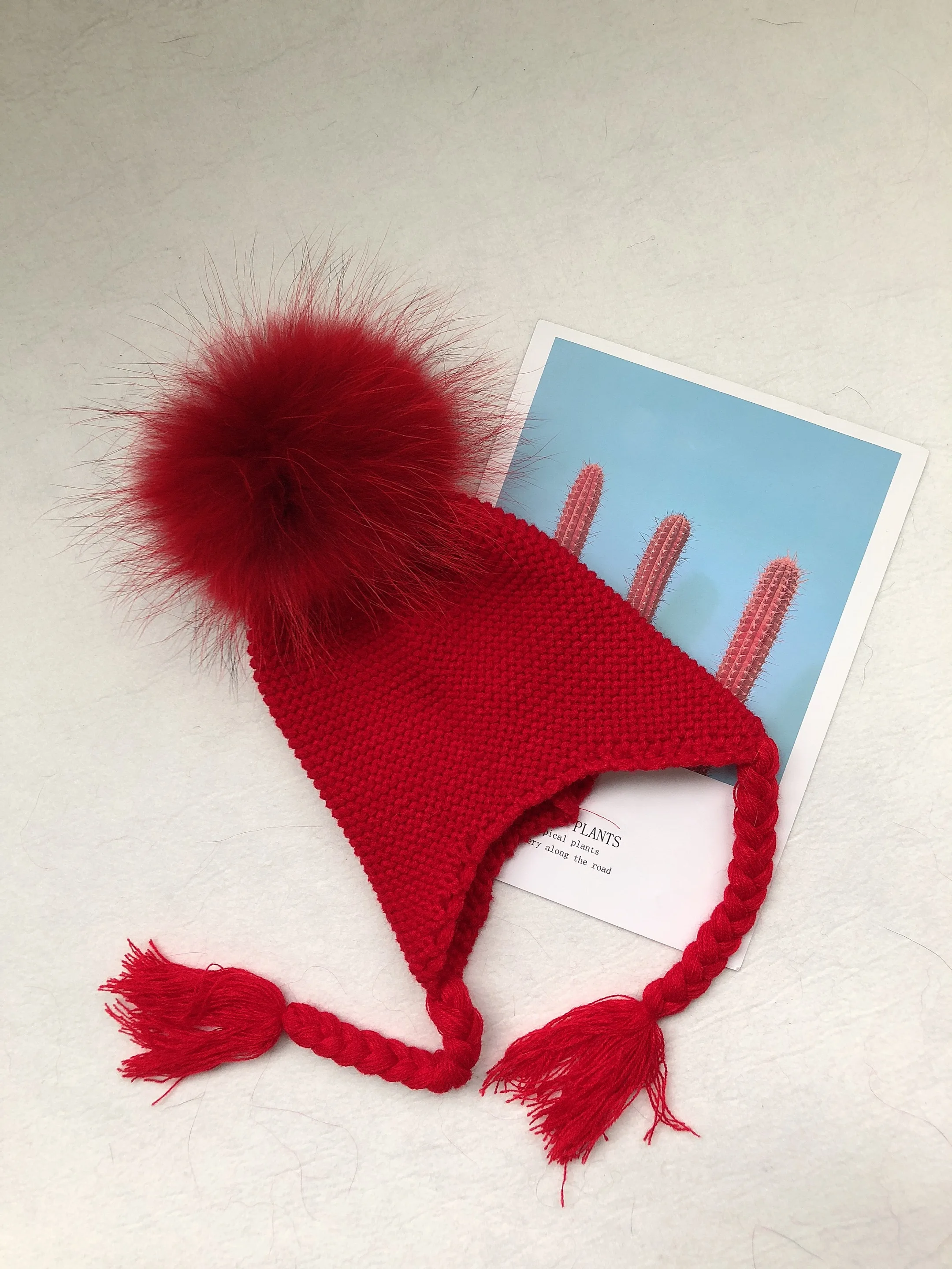 Kids Size Real Raccoon Fur hat Attached Wool Blend Crochet knitted string pom pom beanie for girls