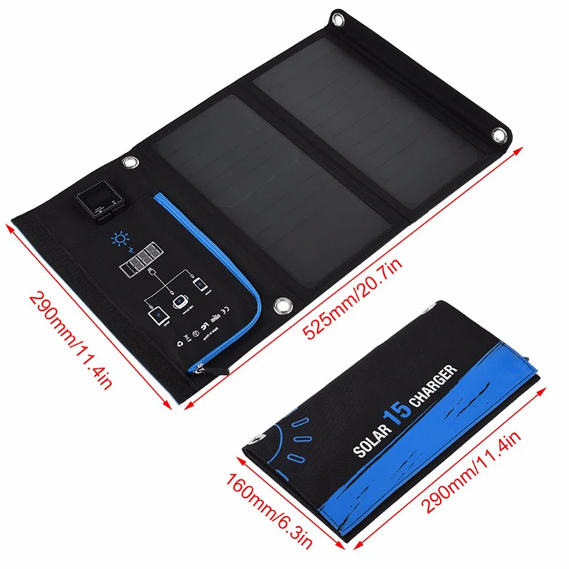 FOVigour Portable 15W Folding Solar Panel Charger Mobile Charger for Phone Solar Battery with Dual Display USB Port Outdoor