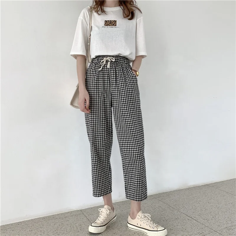 Factory Wholesale Women Regular Fit Pants Cotton Trousers Ankle Length Capri Pants Plaid Pattern