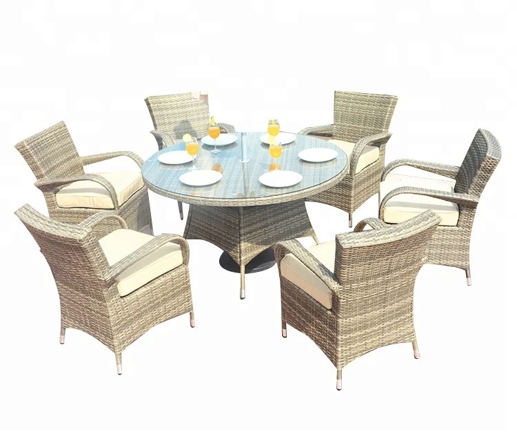 Moda уличный Плетеный Круглый садовый набор мебели стеклянный обеденный стол и стулья