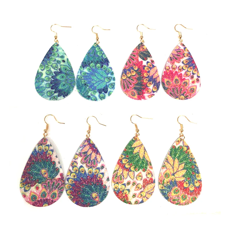Low Price Boho Earrings Lightweight Glitters Dangle Teardrop Leather Peacock Earrings
