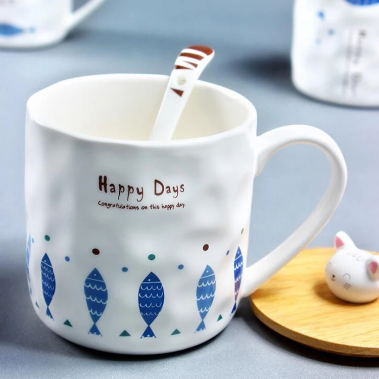 Japanese Styles Creative Cute Cat and Fish Cartoon Ceramic Mugs Breakfast Milk Cup With Spoon and Cover for Girls Gift