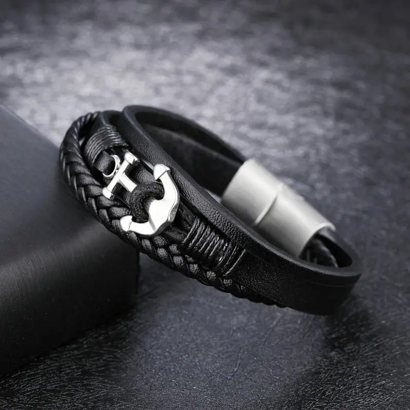China Wholesale Braided Wrap Leather Mens Black Anchor Bracelet