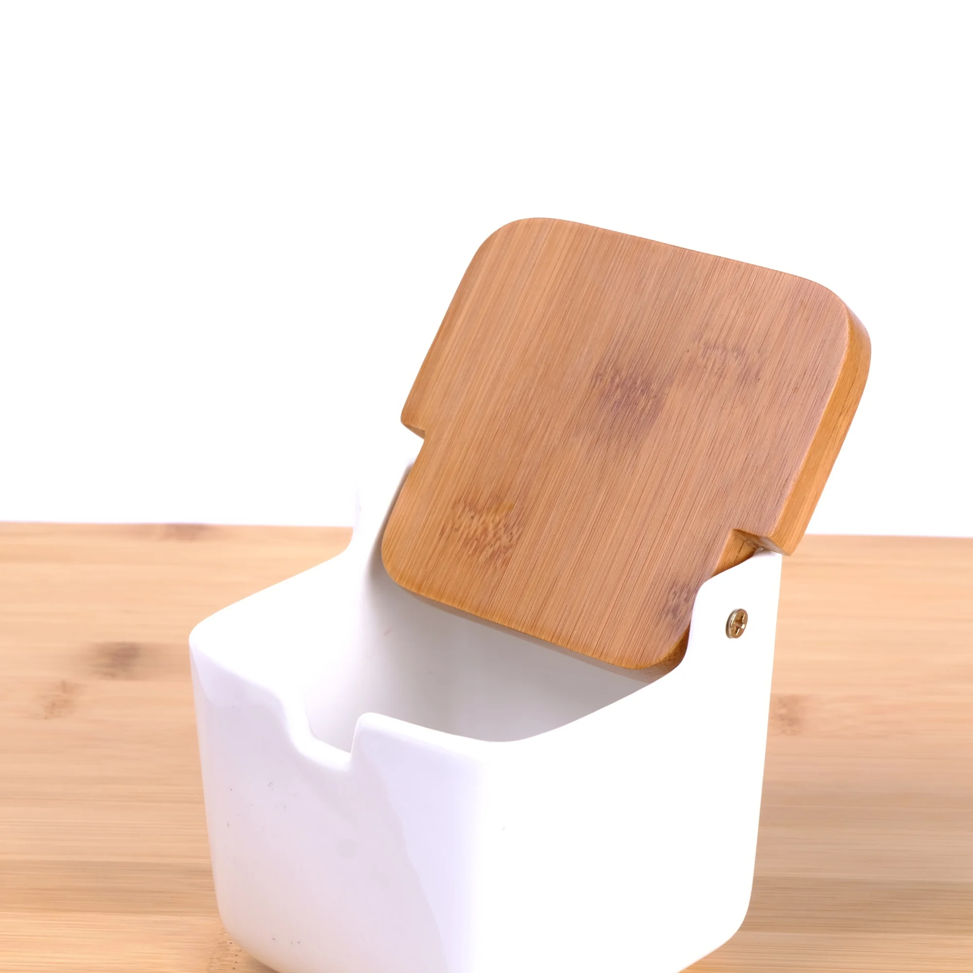 Ceramic Sugar Bowl Salt Box with Bamboo Flip Top Lid Pepper Container Flour Box Holder Earthenware Bowl White