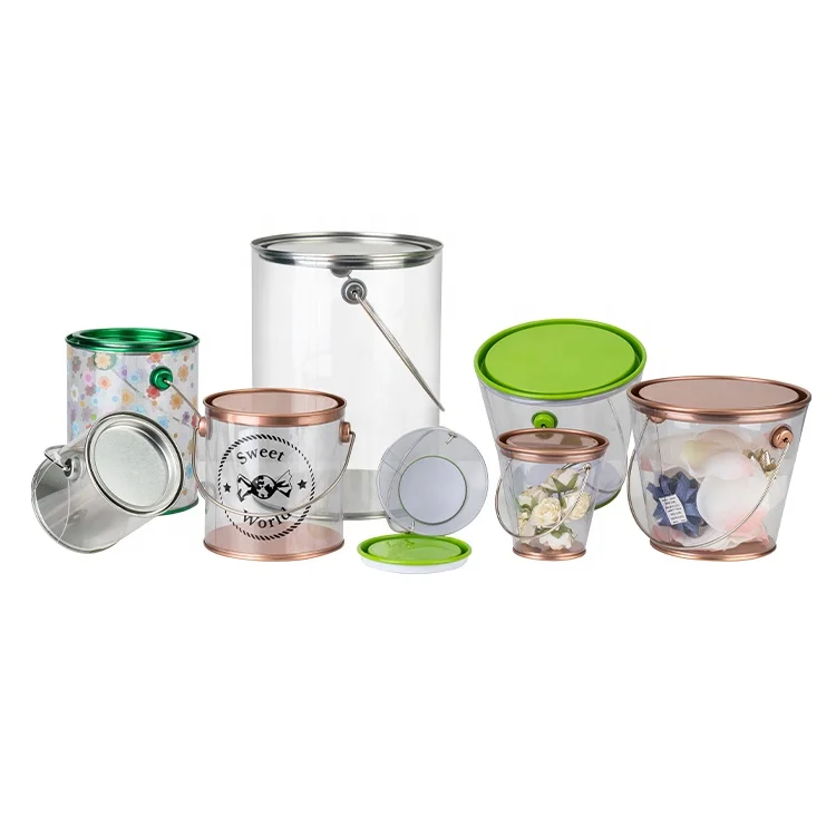 Fashionable design clear plastic tin lid can pattern paint transparent tin can