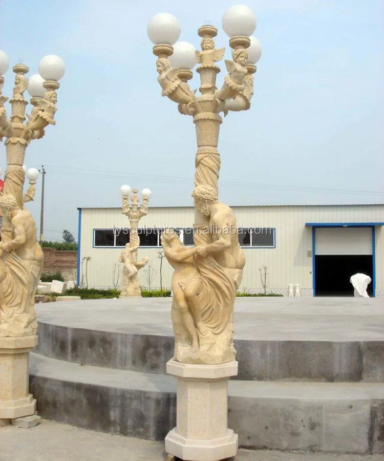 
Natural popular hand carved yellow marble outdoor main gate light stone pillar 