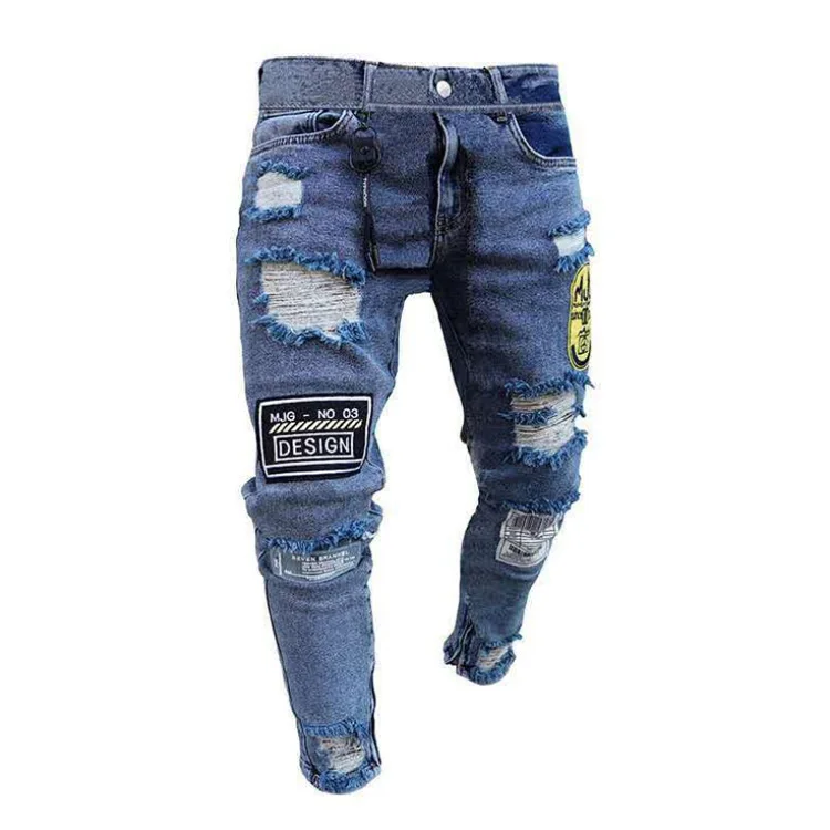 New men jogger jeans Badge england style male Ankle pants denim cotton Bermuda trousers Biker streetwear elastic patch hole jean