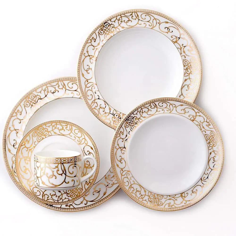 Factory Supply 20pcs porcelain Plate set /ceramic dinnerware sets gold  for 4