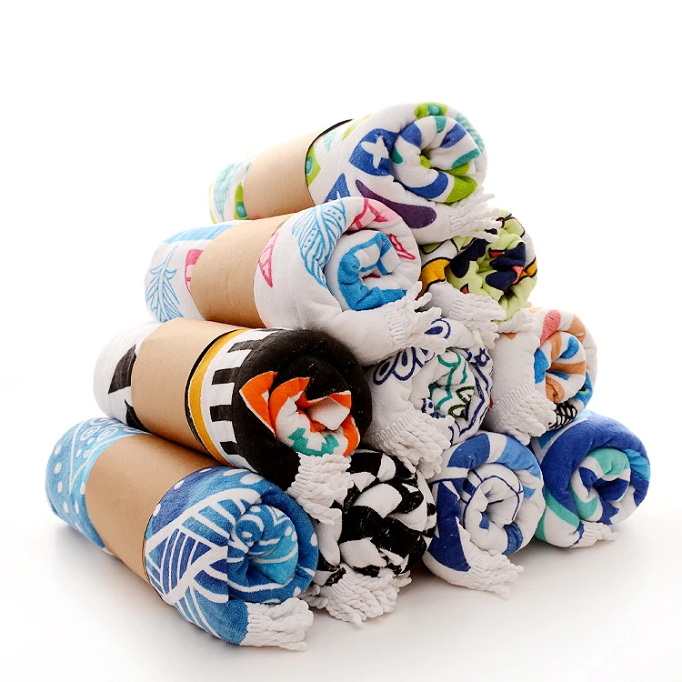 
Custom Reactive printed microfiber round beach towel mandala towel with tassels travel blanket towel 