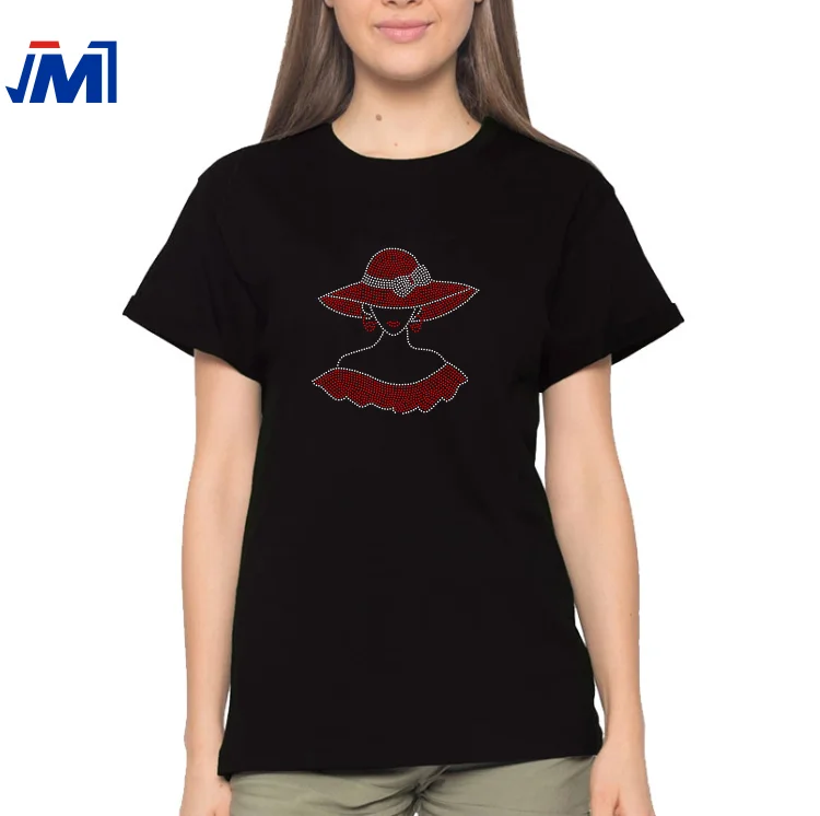 Iron On Sexy Lady and Bow Red Hat Custom Rhinestone Transfer For T-Shirt Wholesale
