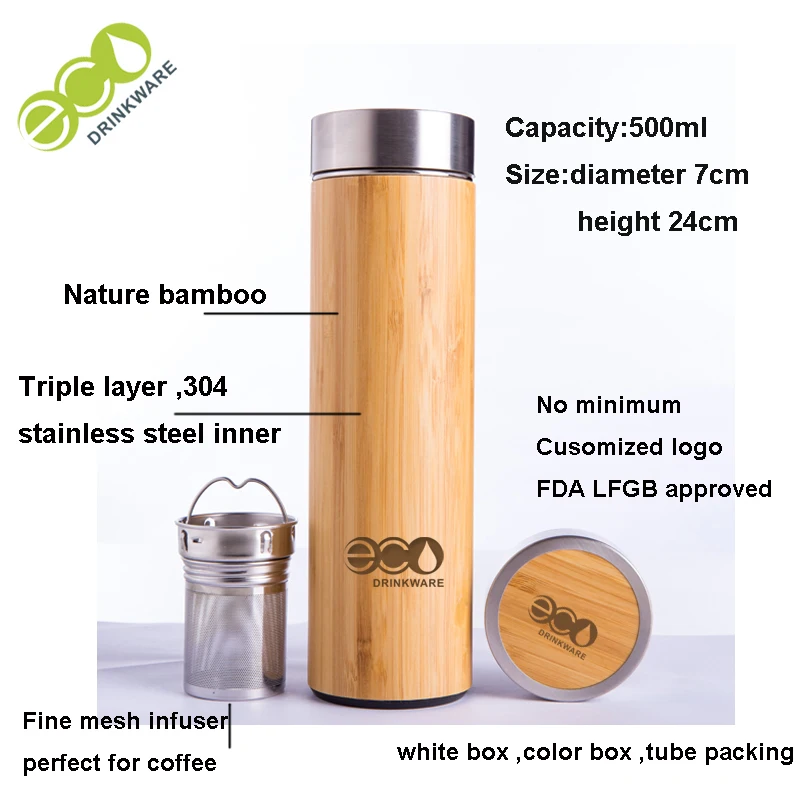 500ml Double Wall bamboo Stainless Steel Vacuum thermos flask with mesh infuser