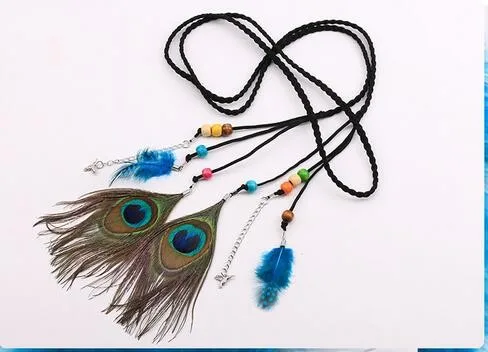 WIIPU Black Nubuck Leather Braided BOHO Belt Headband Wrap Beaded Feather Accessorie