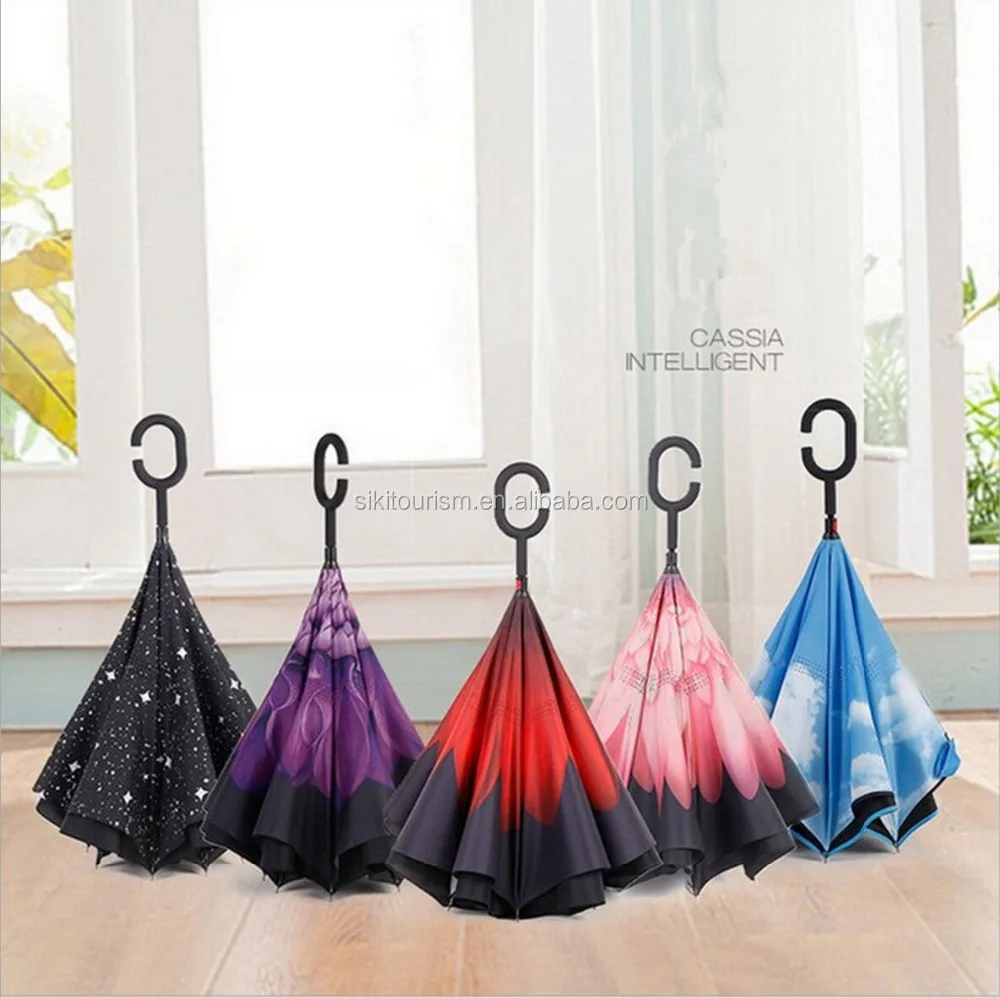 
2017 new Style Double layer customized print reverse inverted umbrella with C shape Handle 