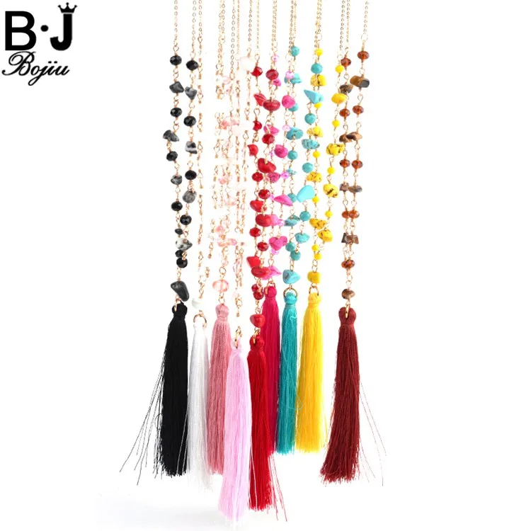 Wholesale Red Yellow Blue Chips Stone Beaded Tassel Necklace