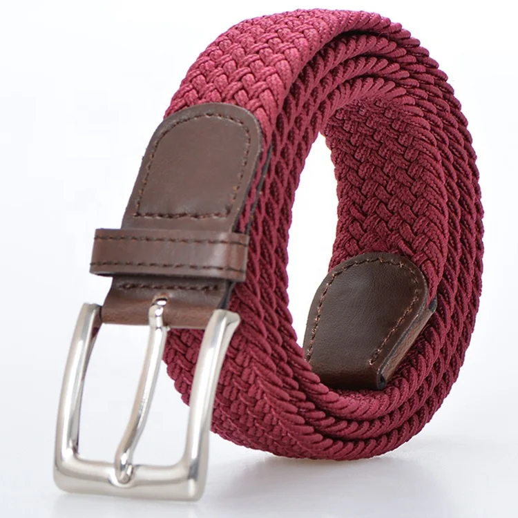 Fabric Pu Leather Tag Burgundy Color Elastic Braided Stretch Belts For Jeans Mens