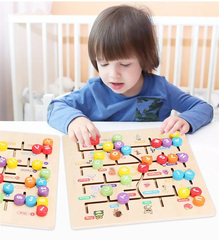 
2019 new wooden toy letter and number Maze Checkerboard preschool Souptoys 