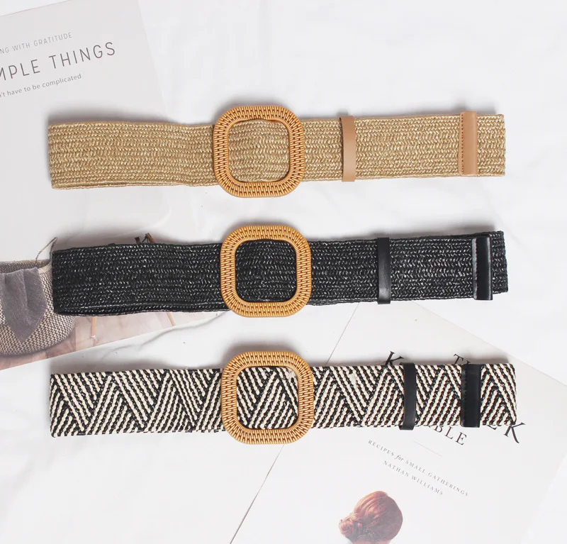 
New fashion elastic straw braided women raffia belts with imitate rattan wood buckle 