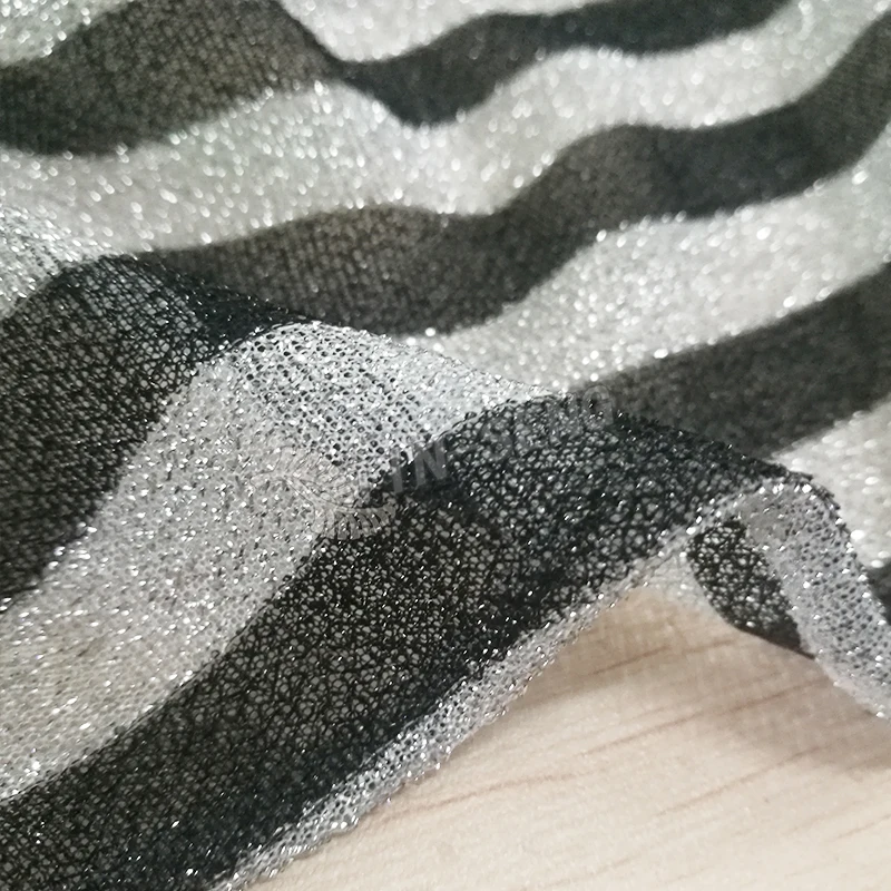 60g Polyester Knit Fabric , Black and White Classic Lurex Stripe Mesh , See Through Glitter Mesh Fabric for Dress