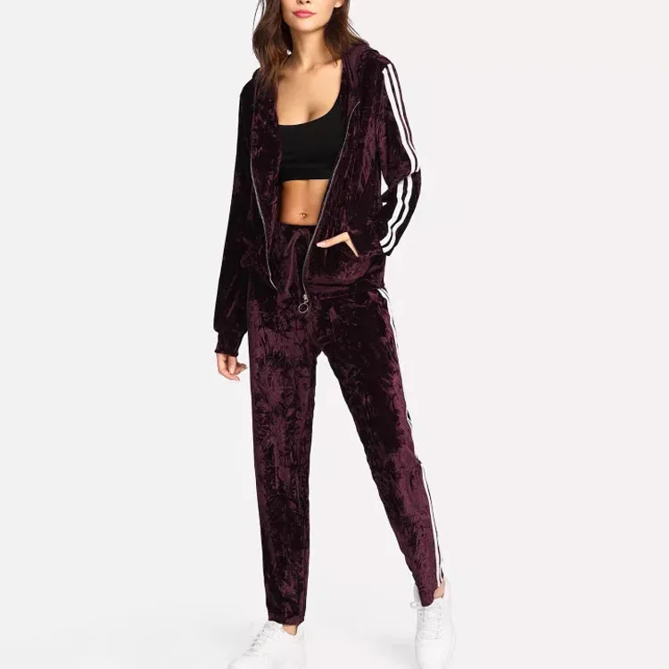 New Striped Crushed Velvet Hoodie Jacket & Pants Set
