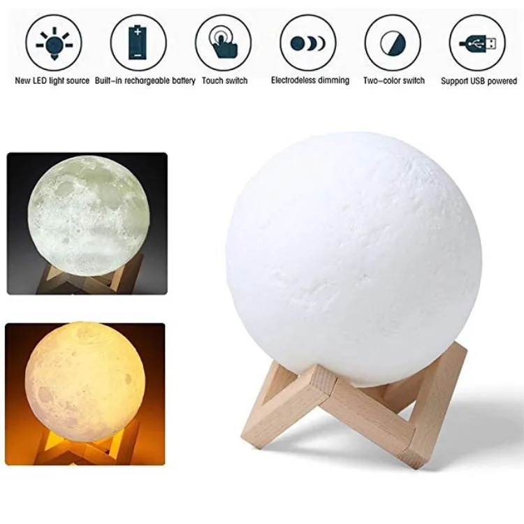 Modern Night Light Dimmable and Rechargeable 2 Colors Touch Control 3D Printing LED Moon Lamp 12cm