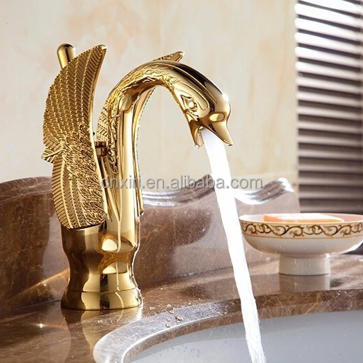 Brass Luxurious Ornate Gold Faucet Swan Tap Mixer Graven Swan Design Sink Basin Faucet G1081