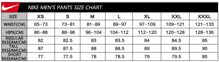 mens nike pants size chart