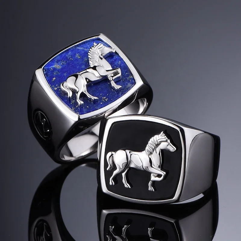 Custom personality design sterling silver 925 fashion men jewelry gift black enamel horse ring
